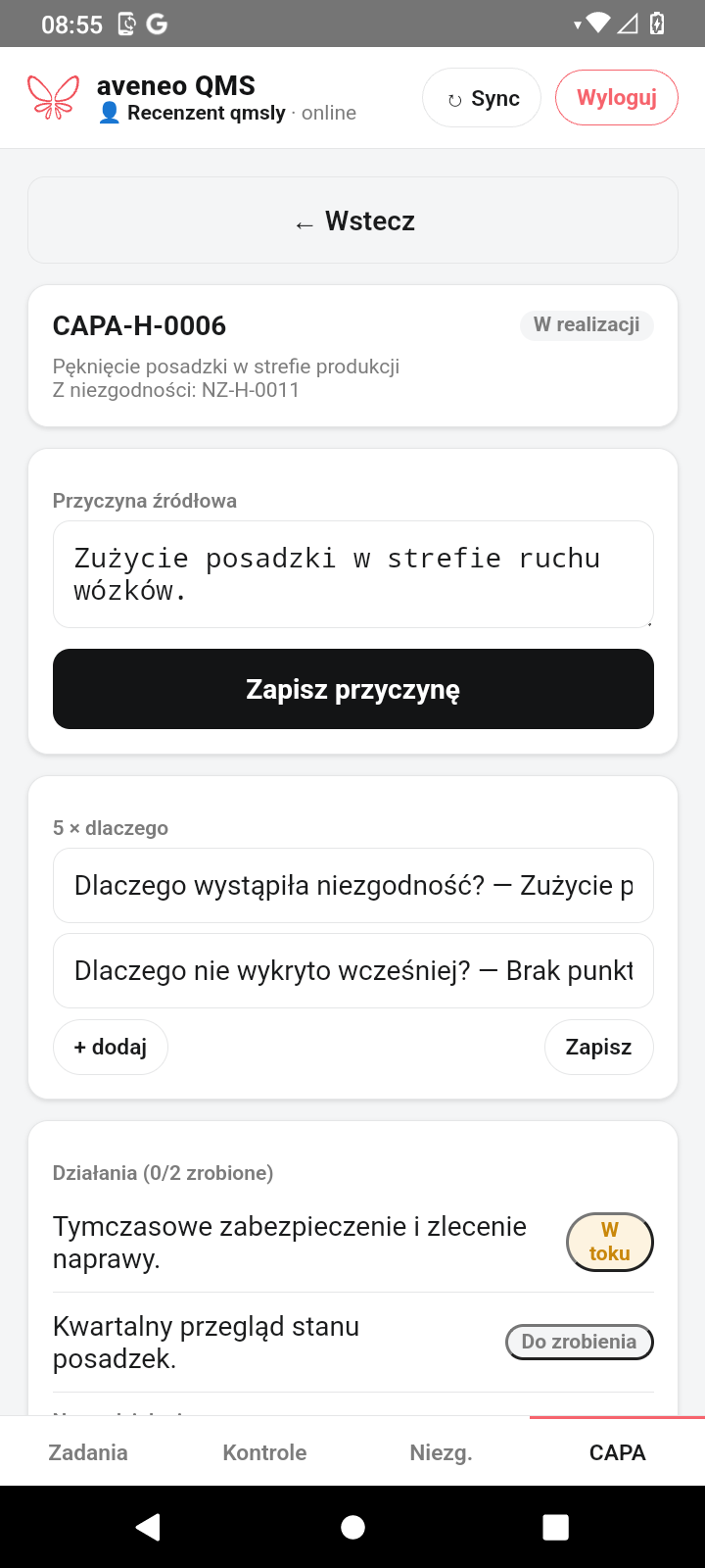 Karta CAPA w aplikacji qmsly: przyczyna źródłowa, 5×dlaczego i działania