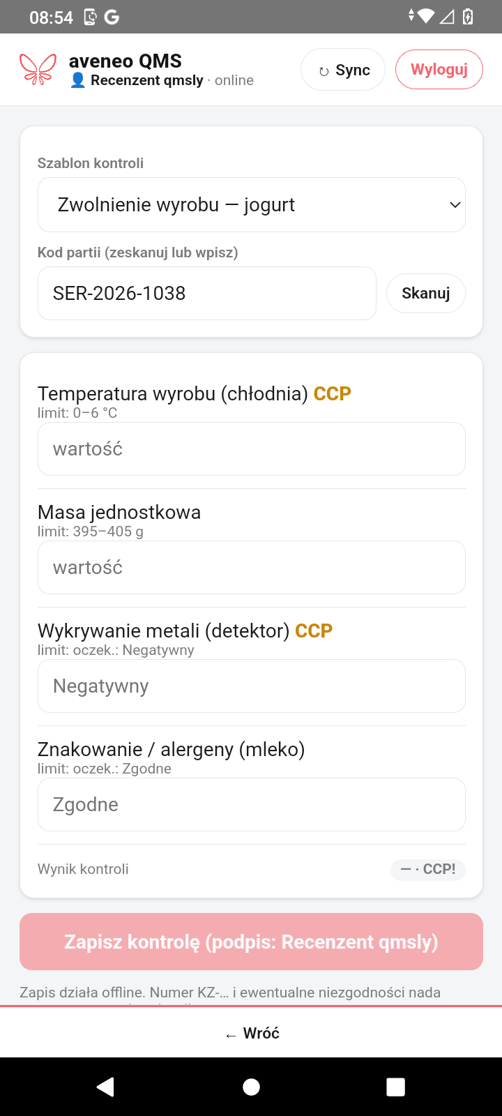 Formularz kontroli w aplikacji qmsly z limitami i punktami CCP