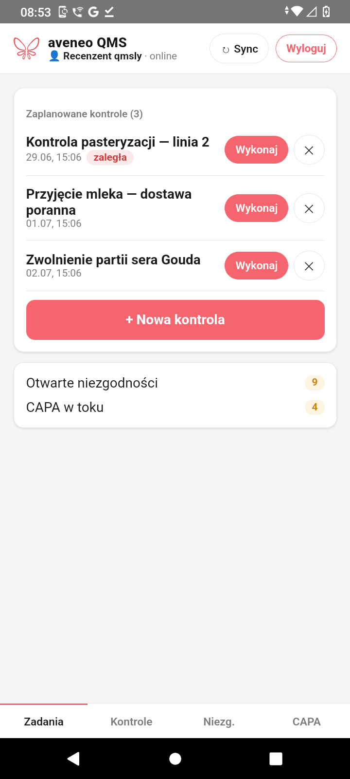 Zadania — zaplanowane kontrole w aplikacji mobilnej qmsly