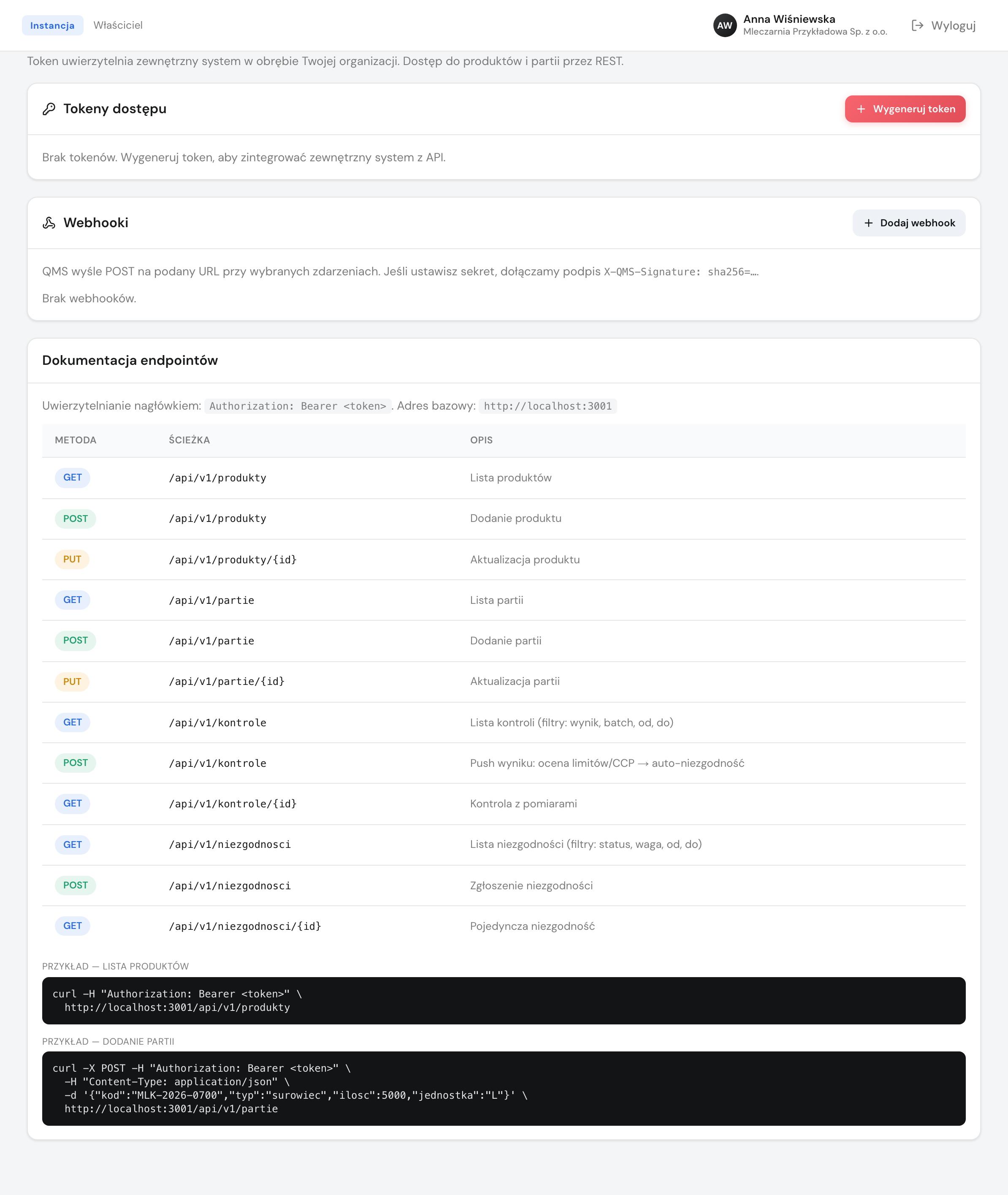 Panel API: tokeny, endpointy i webhooki