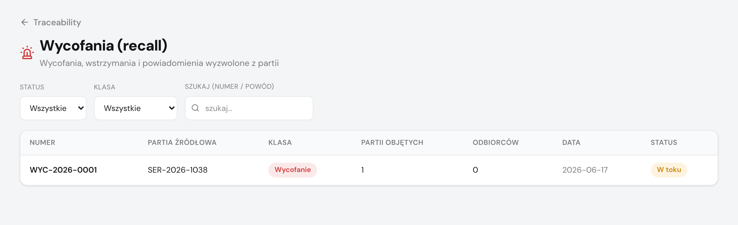 Lista wycofań (recall) ze statusami